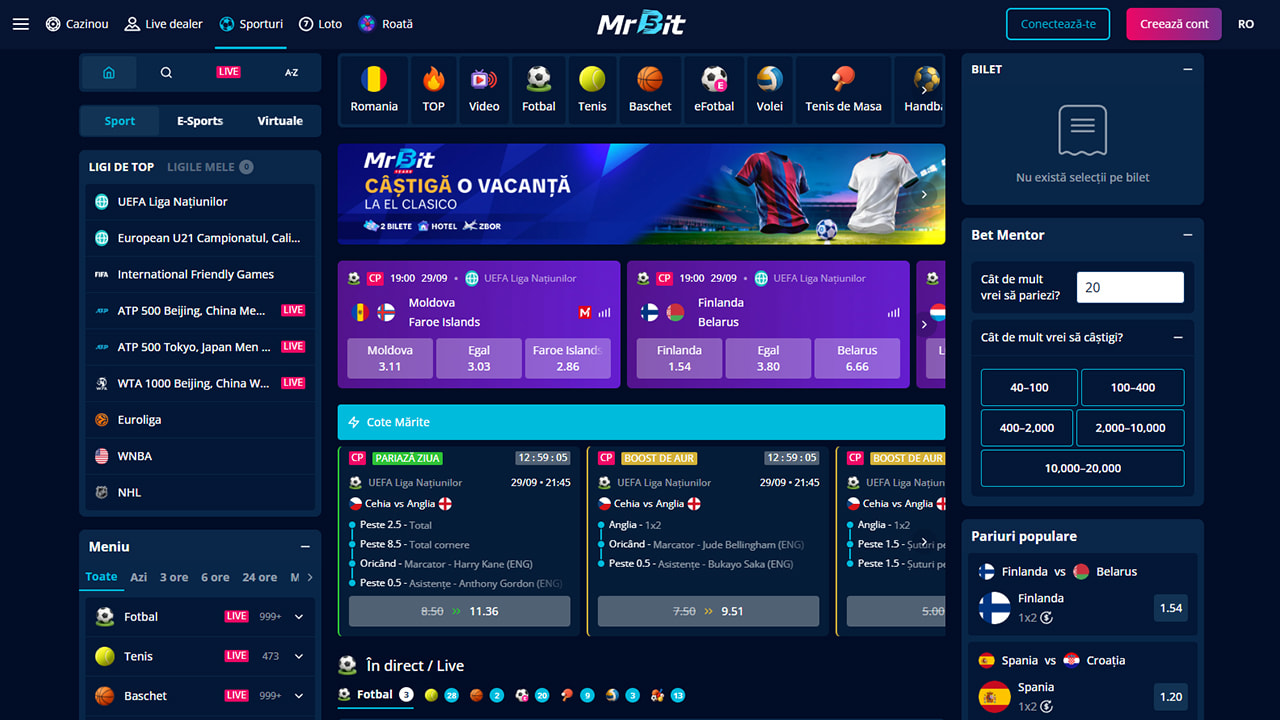 Secțiunea de pariuri sportive Mr Bit
